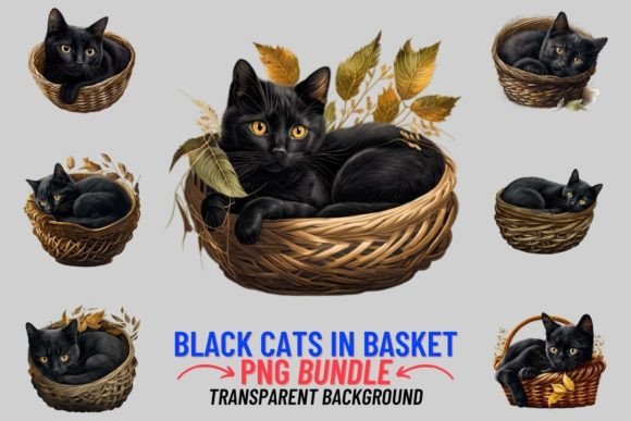 Black Cats in Basket 8 PNG Clipart: Cozy Feline Charm for Digital & Print