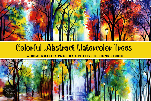 Colorful Abstract Watercolor Trees: Nature-Inspired Art for Modern Design