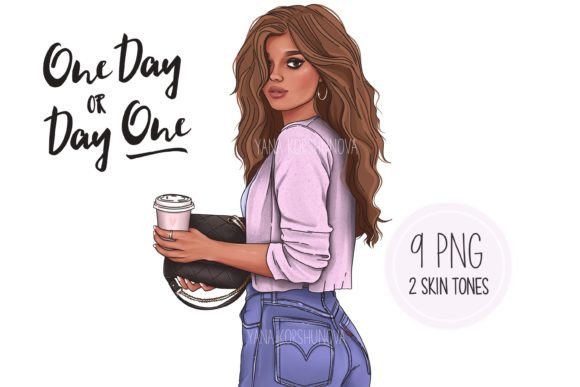 Fashion Denim Girl with Coffee Clipart: Your New Go-To Design Asset
