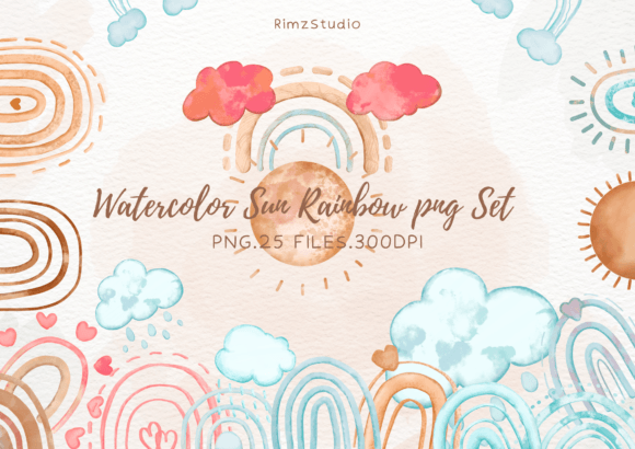 Watercolor Sun Rainbow Png Set Ll: 25 Graphics for Vibrant Projects